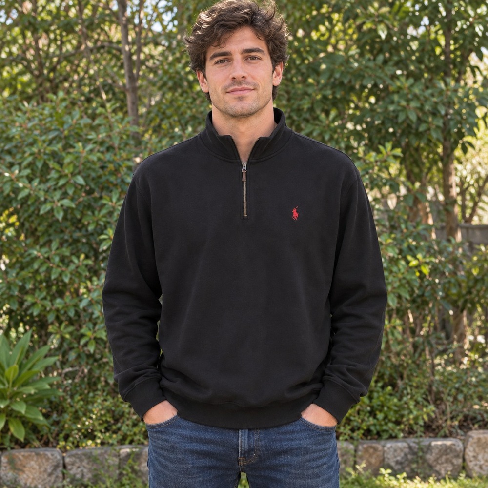 Polo Ralph Lauren Men's XL Black Quarter Zip Pullover Red Pony 100% Cotton